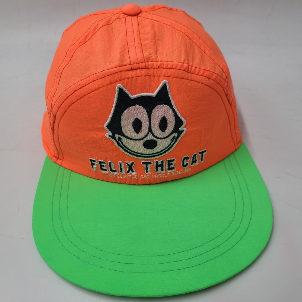 Vintage Felix The Cat Hat Adjustable (Fits Small) Orange Green Nylon Cartoon 90s